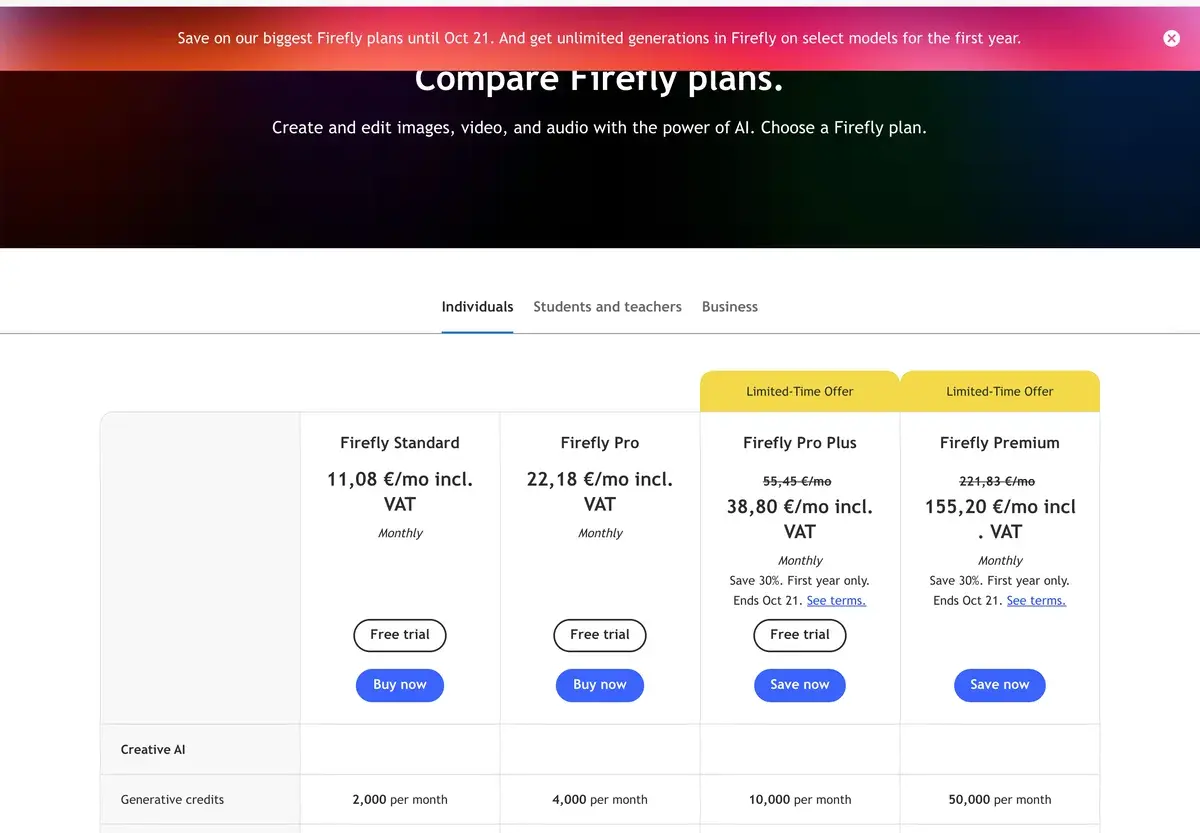 Adobe Firefly plan comparison in October 2026 as shown to European visitors, with prices in euros including VAT: Firefly Standard at 11.08 euros a month, Pro at 22.18 euros, Pro Plus discounted from 55.45 to 38.80 euros for the first year and Premium from 221.83 to 155.20 euros, both offers ending October 21, with 2,000, 4,000, 10,000 and 50,000 generative credits a month