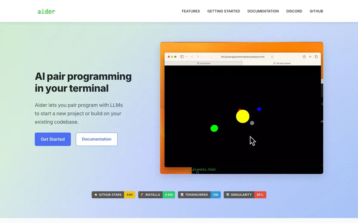 Aider's homepage in October 2026 with the headline AI pair programming in your terminal, Get Started and Documentation buttons, a demo window showing a small game, and badges for 44K GitHub stars, 6.8M installs, 15B tokens a week and a Singularity score of 88%