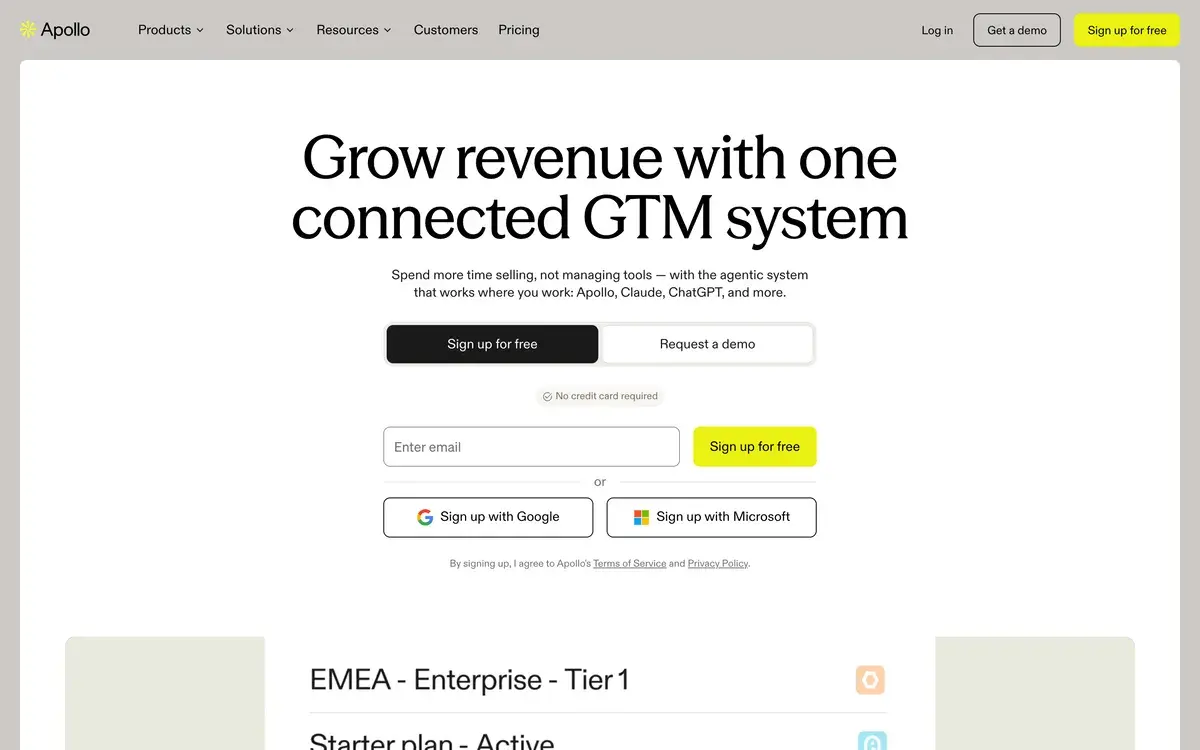 Apollo's homepage as captured in October 2026: the headline Grow revenue with one connected GTM system, a line about an agentic system that works in Apollo, Claude and ChatGPT, Sign up for free and Request a demo tabs, an email field, and Google and Microsoft sign-up buttons