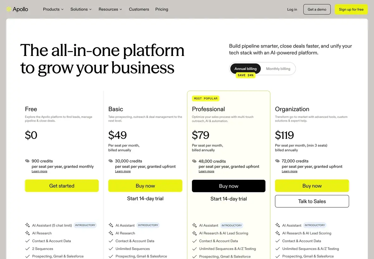 Apollo's four plans with annual billing selected, October 2026: Free at 0 dollars with 900 credits per seat per year granted monthly, Basic at 49 dollars, Professional at 79 dollars marked most popular, and Organization at 119 dollars per seat with a three-seat minimum, each with its yearly credits