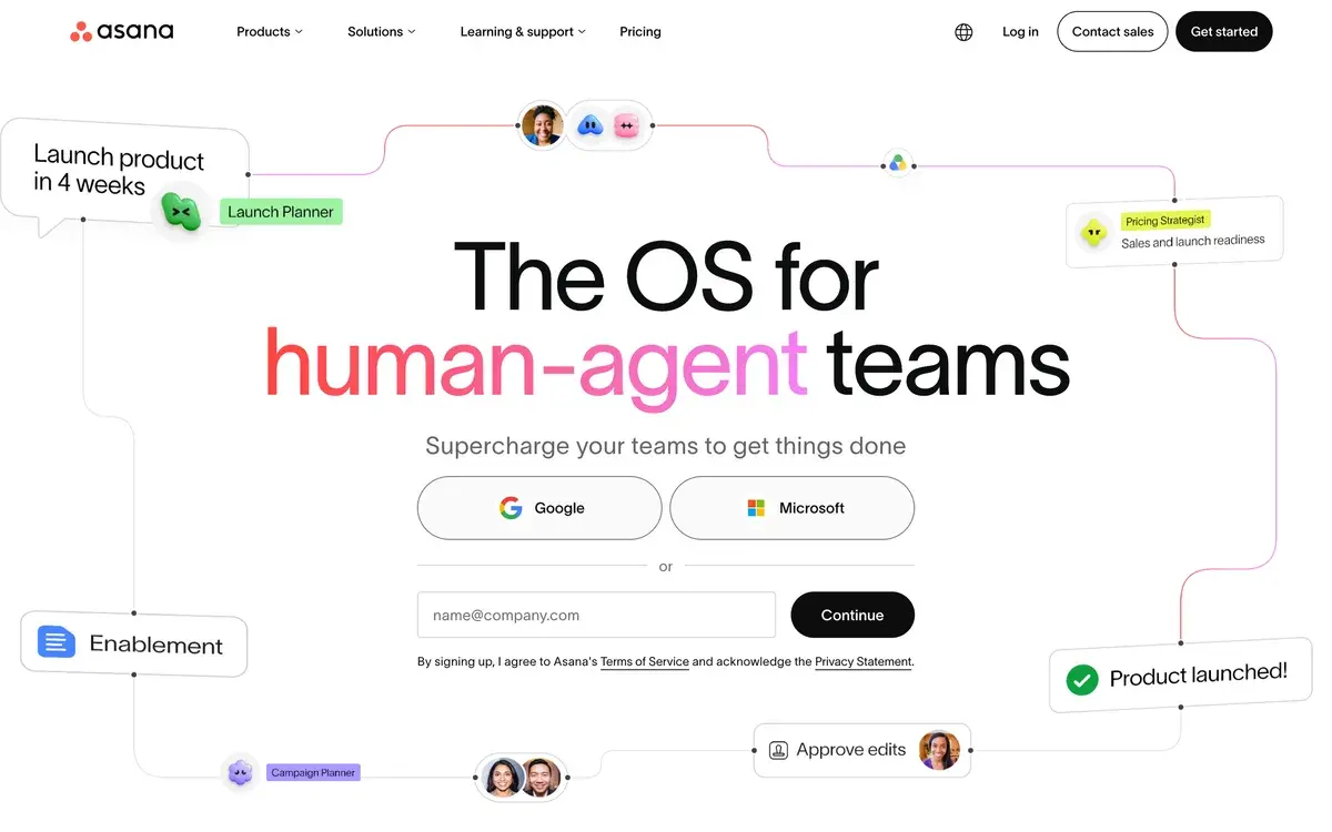 Asana's October 2026 homepage, headlined The OS for human-agent teams, with the line Supercharge your teams to get things done, Google and Microsoft sign-up buttons and an email field, surrounded by cards for a launch planner agent, a pricing strategist, enablement, approved edits and a product launched status