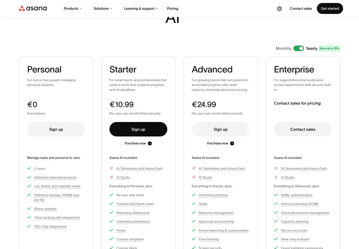 Asana pricing page in October 2026 as shown in Europe, with yearly billing selected: Personal free for one or two people, Starter at 10.99 euros and Advanced at 24.99 euros per user a month billed annually, and Enterprise with pricing from sales, each listing its included Asana AI and features