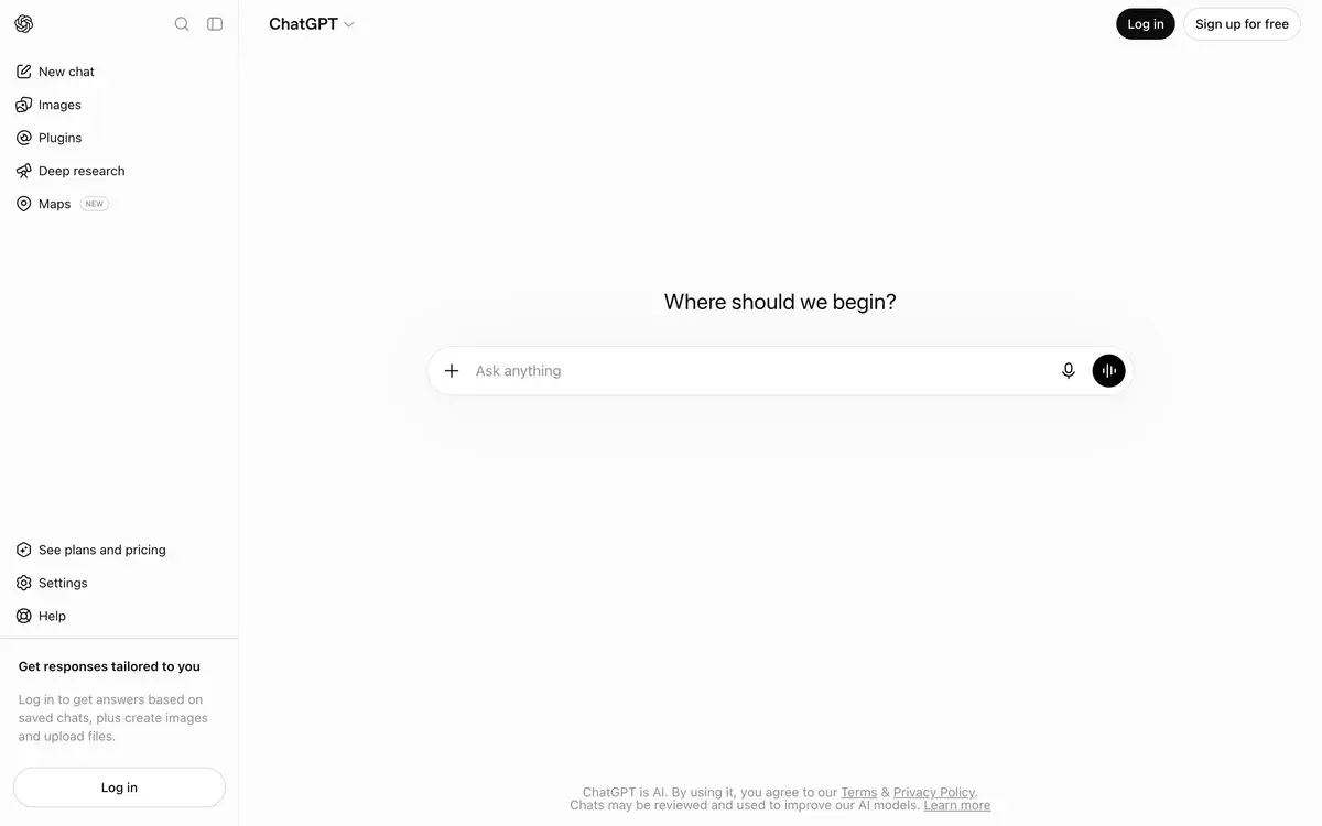 The address chatgpt.com/atlas in September 2026 opening the regular ChatGPT home page with the question Where should we begin, an Ask anything box and a sidebar with New chat, Images, Plugins, Deep research and Maps, instead of the former Atlas download page