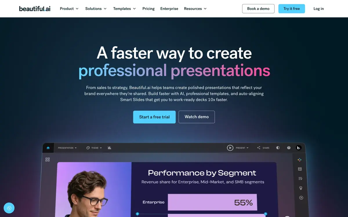 Beautiful.ai homepage in September 2026 with the headline A faster way to create professional presentations, a line about auto-aligning Smart Slides that get teams to work-ready decks 10x faster, and Start a free trial and Watch demo buttons above a sample slide titled Performance by Segment