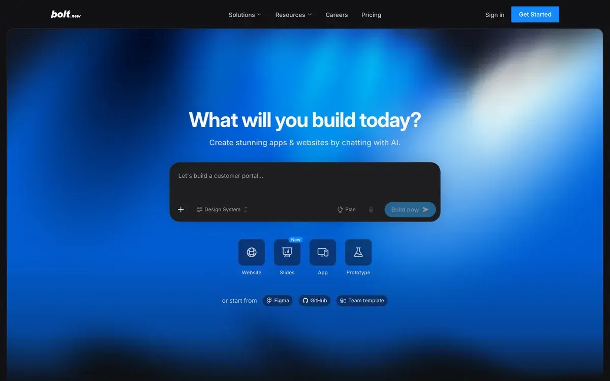 Bolt.new's homepage in October 2026, with the question What will you build today? over a blue gradient, a prompt box that suggests Let's build a customer portal next to Design System and Plan controls, and buttons for Website, Slides, App and Prototype above Figma, GitHub and Team template imports