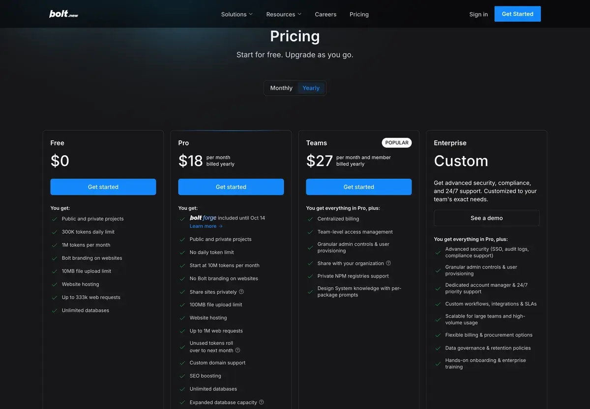 Bolt.new's plans with yearly billing selected, October 2026: Free at 0 dollars, Pro at 18 dollars a month billed yearly with Bolt Forge included until October 14, Teams at 27 dollars per member a month marked popular, and Enterprise at a custom price