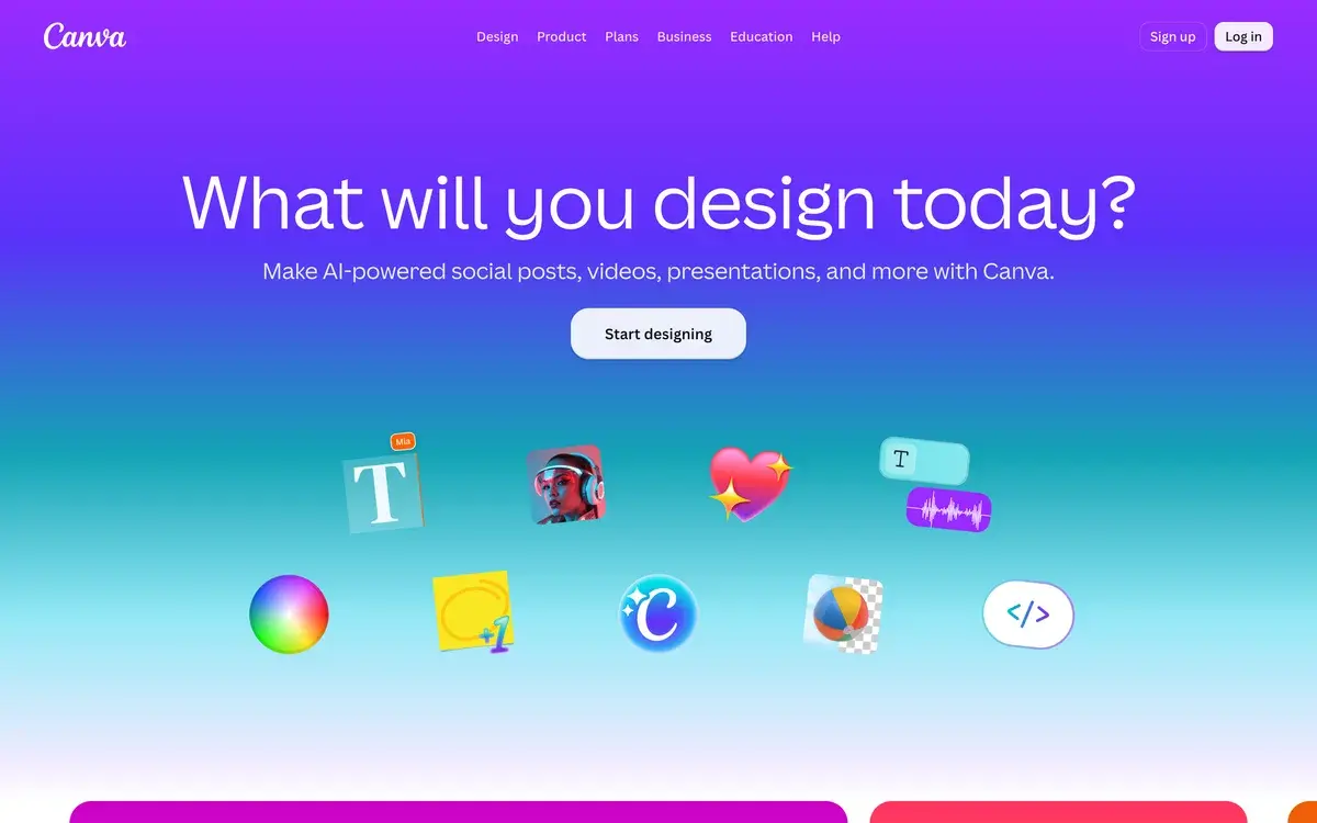 Canva homepage in September 2026 on a purple gradient with the headline What will you design today?, the line Make AI-powered social posts, videos, presentations, and more with Canva, a Start designing button and floating app icons