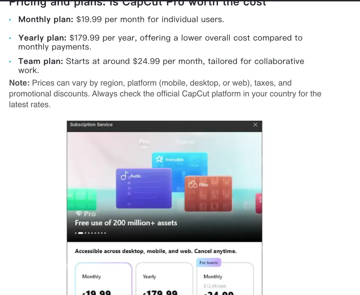 CapCut guide in September 2026 listing Pro at $19.99 a month for individual users, $179.99 a year, and a Team plan from around $24.99 a month, above a screenshot of CapCut's in-app subscription window showing Monthly $19.99, Yearly $179.99 and a Teams option at $24.99