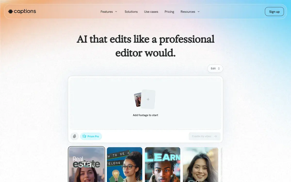 Captions homepage in September 2026 with the headline AI that edits like a professional editor would, an Add footage to start upload box with the Prism Pro edit style, and example videos below