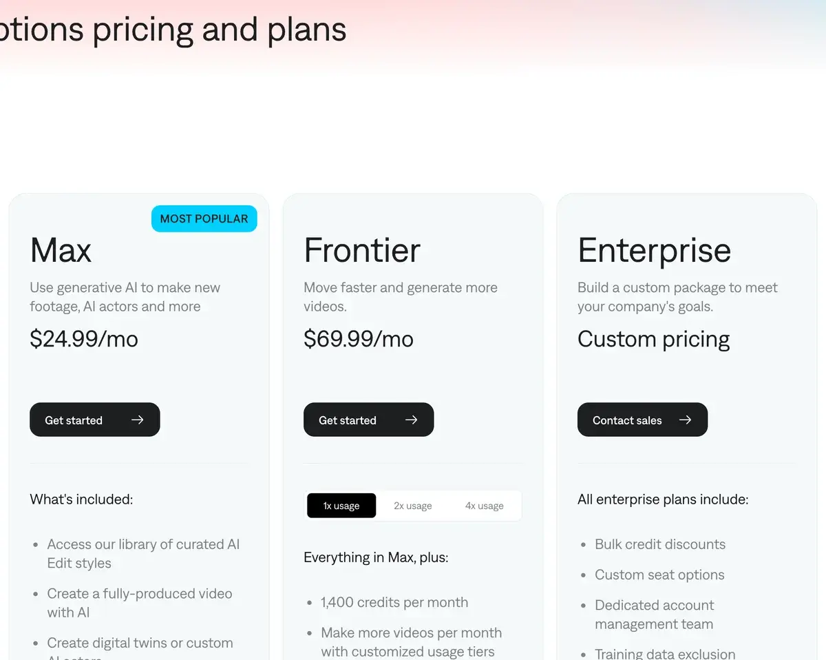 Captions pricing page in September 2026: Max at $24.99 a month for generative AI, AI actors and 500 credits, Frontier at $69.99 a month with 1,400 credits and 1x, 2x and 4x usage tiers, and custom Enterprise pricing