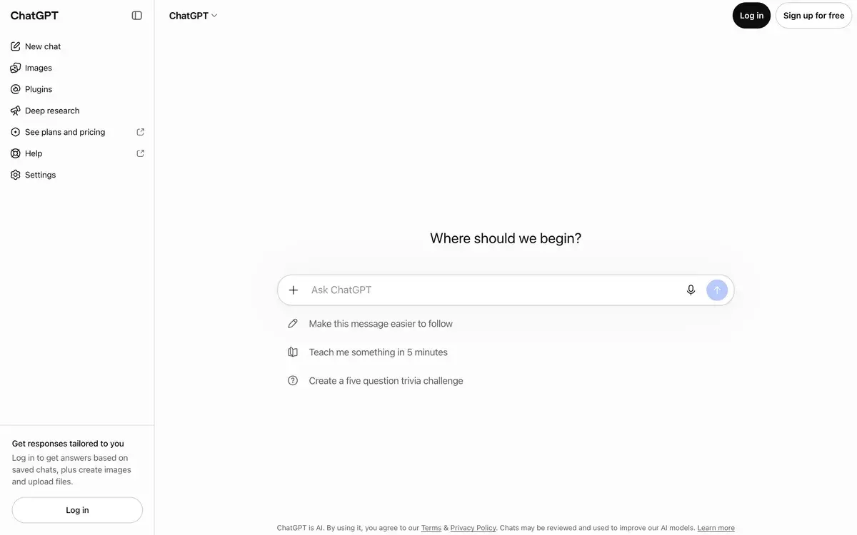 ChatGPT signed-out home page in October 2026 with the question Where should we begin?, an Ask ChatGPT box with a microphone, three suggested prompts, and a sidebar with New chat, Images, Plugins, Deep research and See plans and pricing