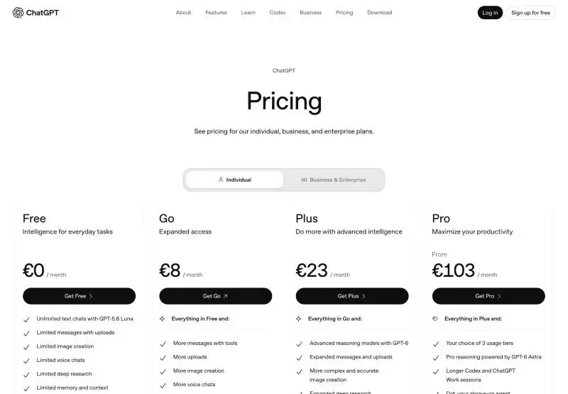 ChatGPT pricing page in October 2026 as shown in Europe, with the Individual tab selected and four plan cards: Free at 0 euros, Go at 8 euros, Plus at 23 euros and Pro from 103 euros a month, above lists of what each plan includes