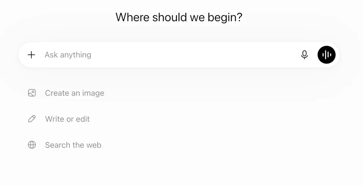 ChatGPT start screen with the question Where should we begin?, an Ask anything box with a microphone and voice button, and shortcuts to create an image, write or edit, and search the web