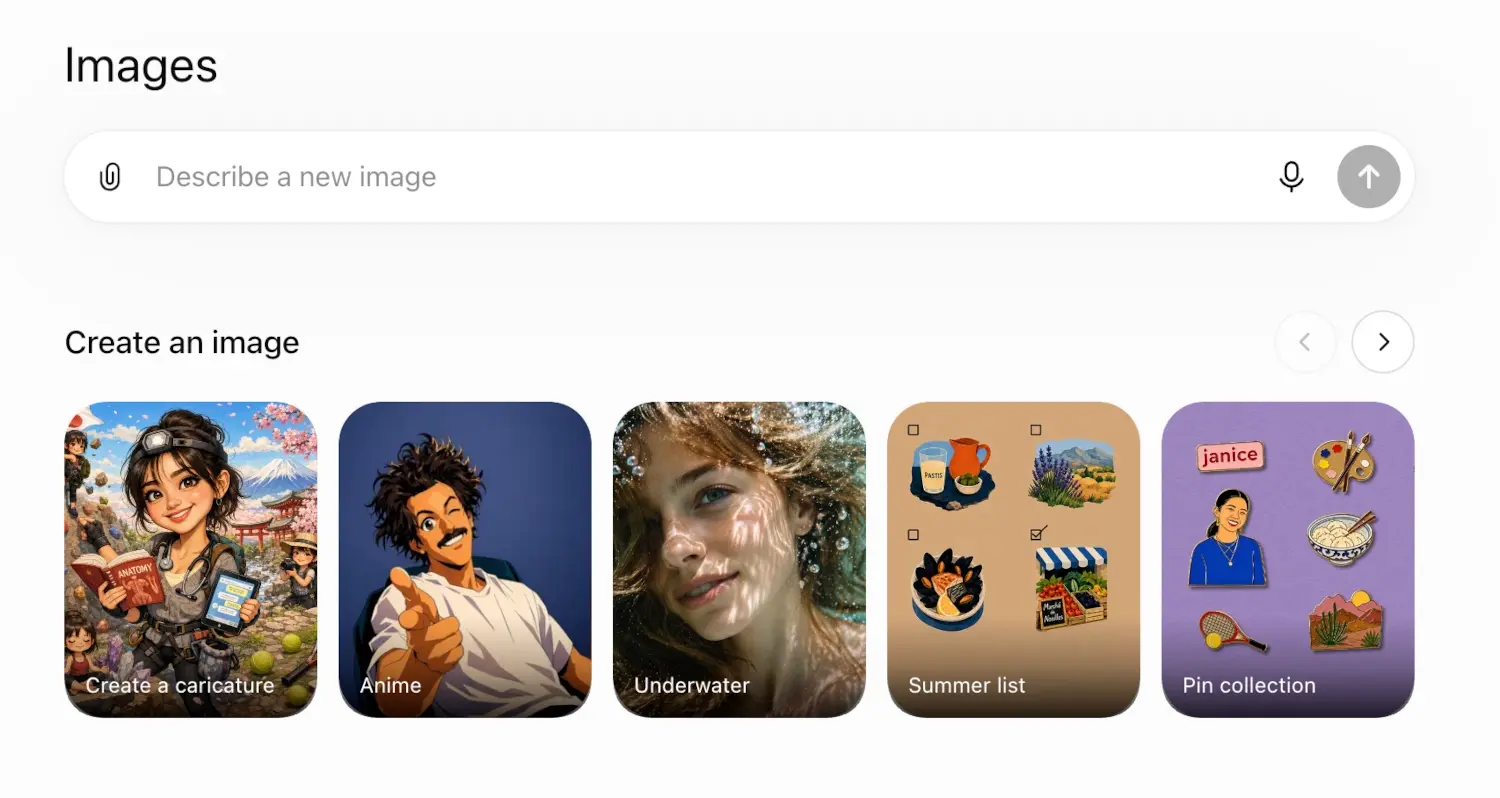 ChatGPT Images screen with a Describe a new image box and suggested styles such as Create a caricature, Anime, Underwater, Summer list and Pin collection