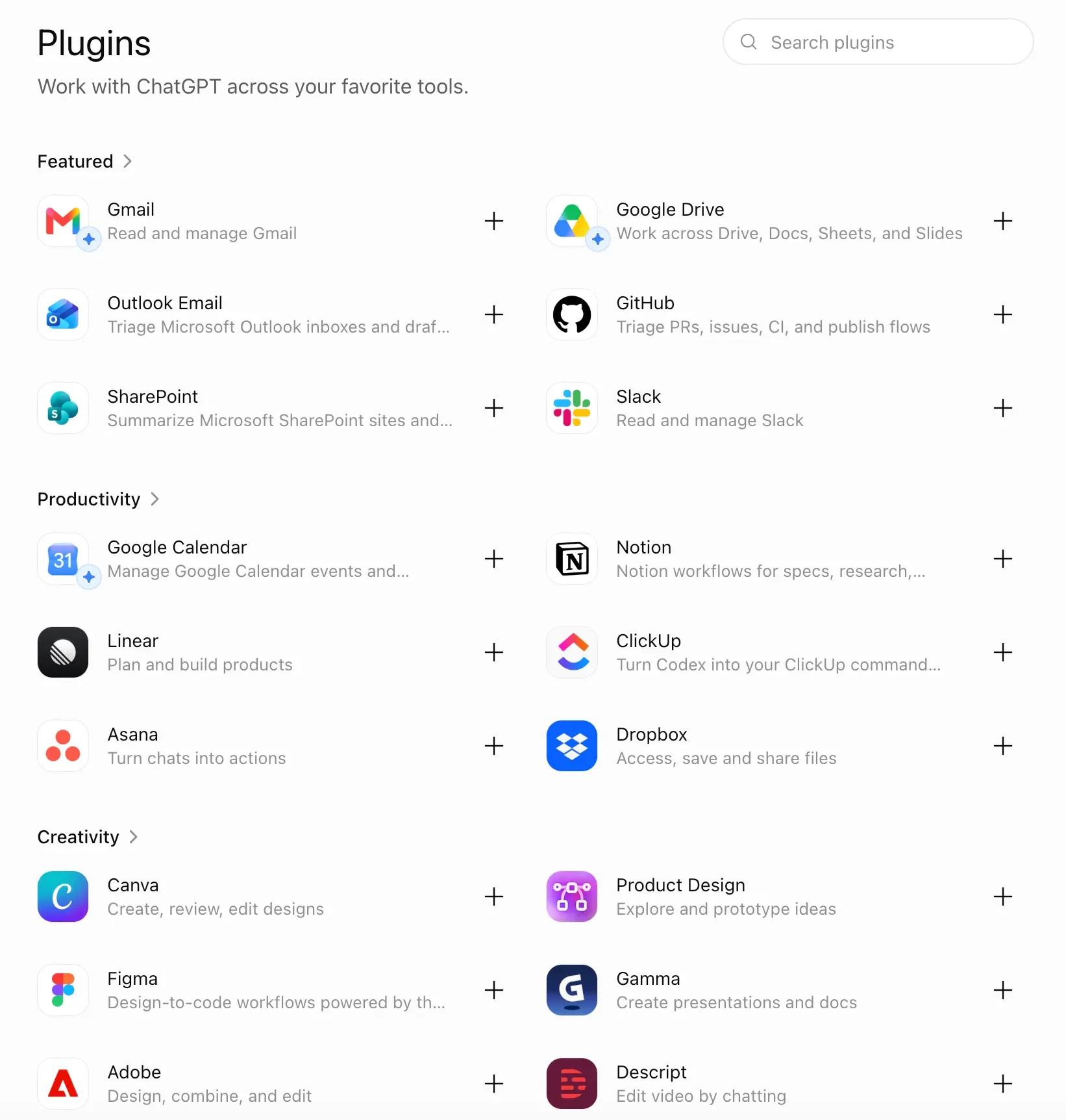 ChatGPT Plugins directory with a search box and featured connectors for Gmail, Google Drive, Outlook Email, GitHub, SharePoint and Slack, then productivity plugins such as Google Calendar, Notion, Linear, ClickUp, Asana and Dropbox, and creative ones including Canva, Figma, Gamma, Adobe and Descript