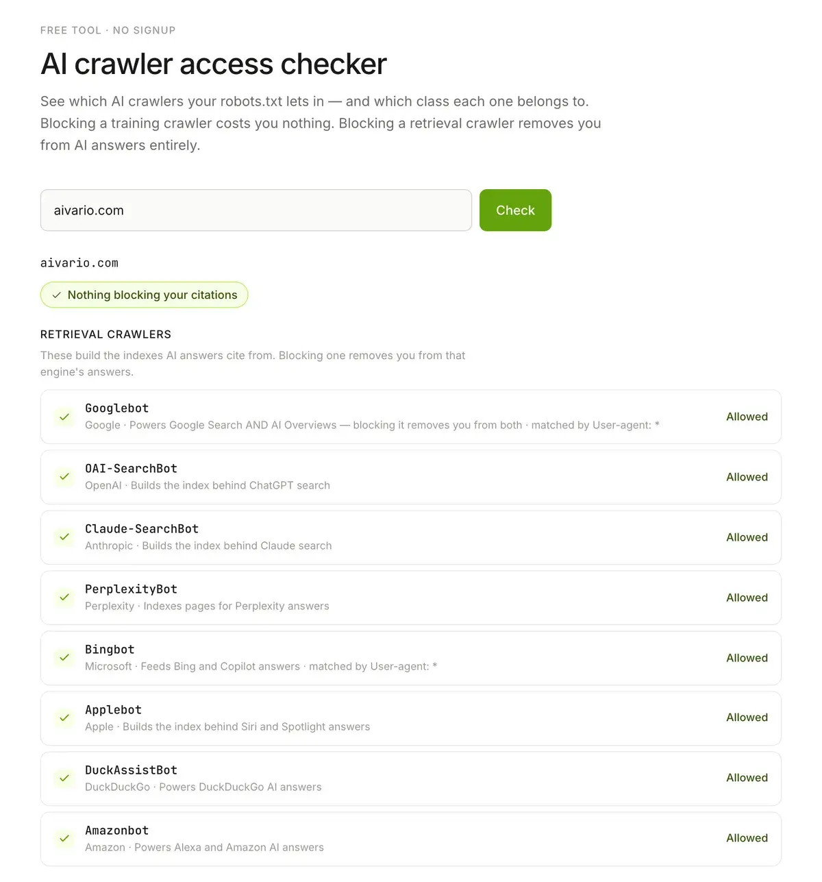 Citelity AI Crawler Checker run on aivario.com in September 2026, showing Nothing blocking your citations and a list of retrieval crawlers, Googlebot, OAI-SearchBot, Claude-SearchBot, PerplexityBot, Bingbot, Applebot, DuckAssistBot and Amazonbot, all marked Allowed