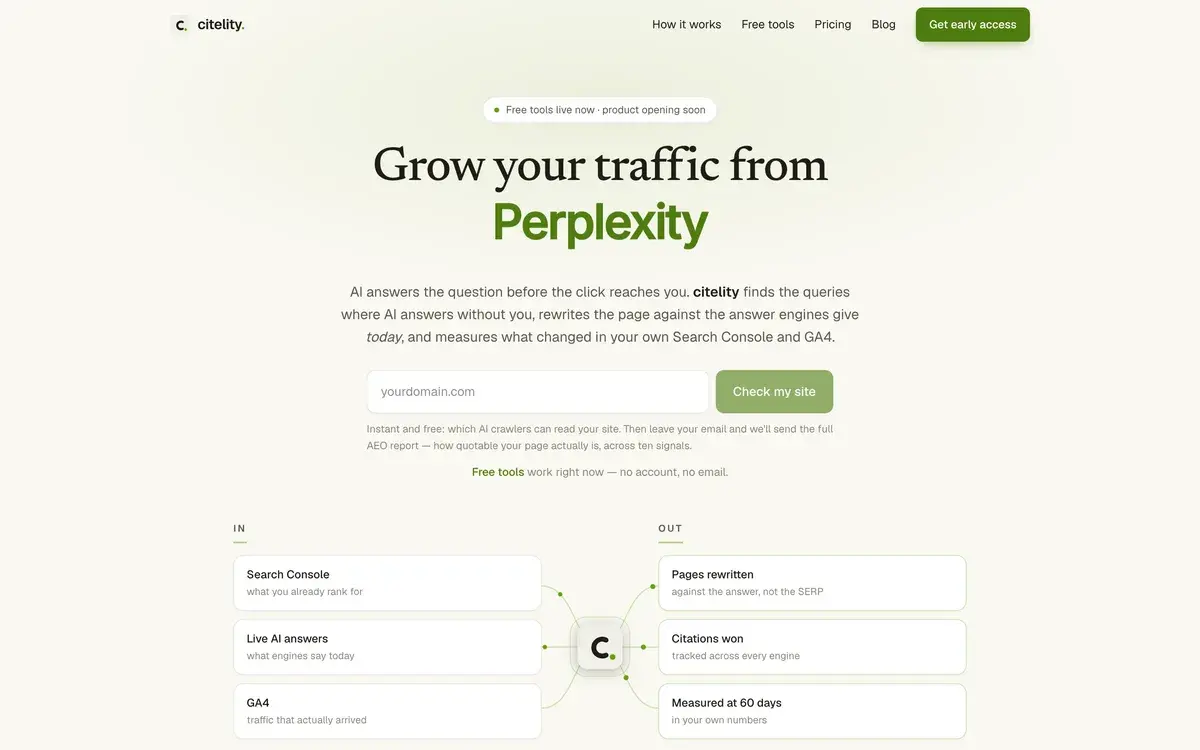 Citelity homepage in September 2026 with the headline Grow your traffic from Perplexity, where the engine name rotates, a Check my site box and a diagram of Search Console, live AI answers and GA4 leading to rewritten pages, citations won and results measured at 60 days