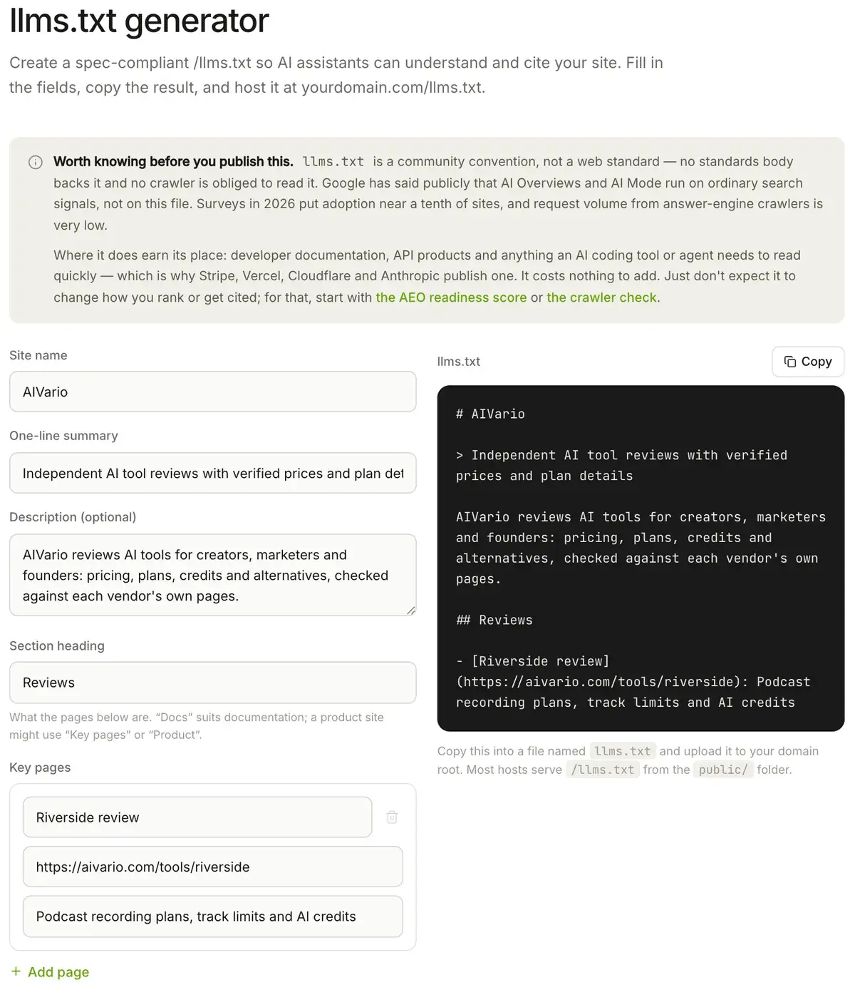 Citelity llms.txt generator in September 2026 filled in for AIVario, with a note that llms.txt is a community convention rather than a web standard, form fields for site name, summary, description, section heading and key pages, and a dark preview of the finished file