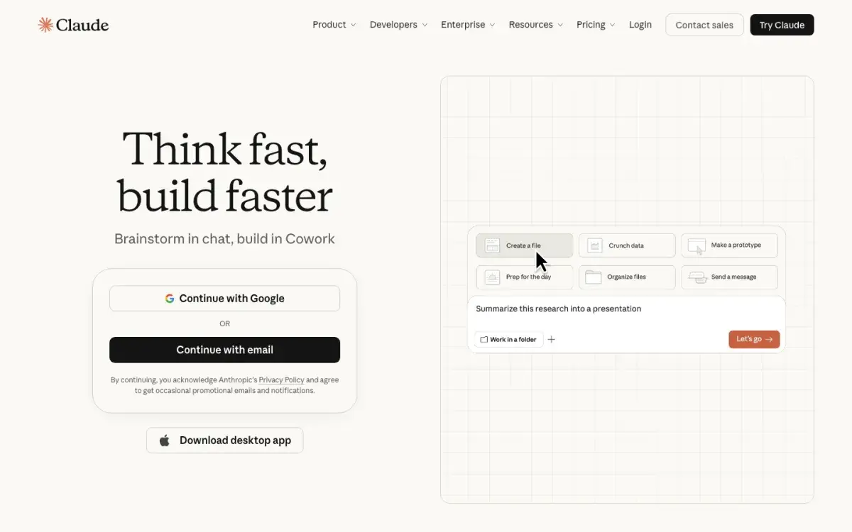 Claude homepage in September 2026 with the headline Think fast, build faster, the tagline Brainstorm in chat, build in Cowork, and a Cowork task picker