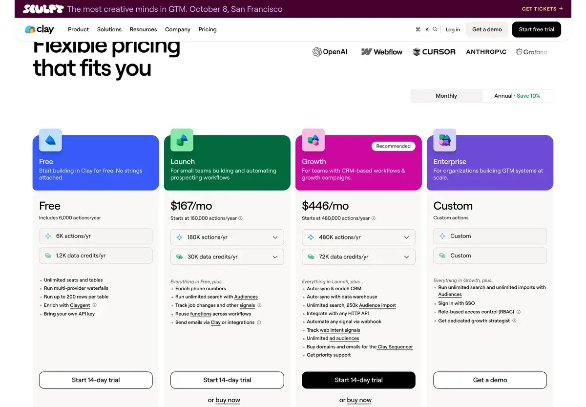 Clay's plans in October 2026 under the heading Flexible pricing that fits you, with annual billing selected, showing Free with 6,000 actions and 1,200 data credits a year, Launch at 167 dollars a month, Growth at 446 dollars a month marked recommended, and custom Enterprise pricing