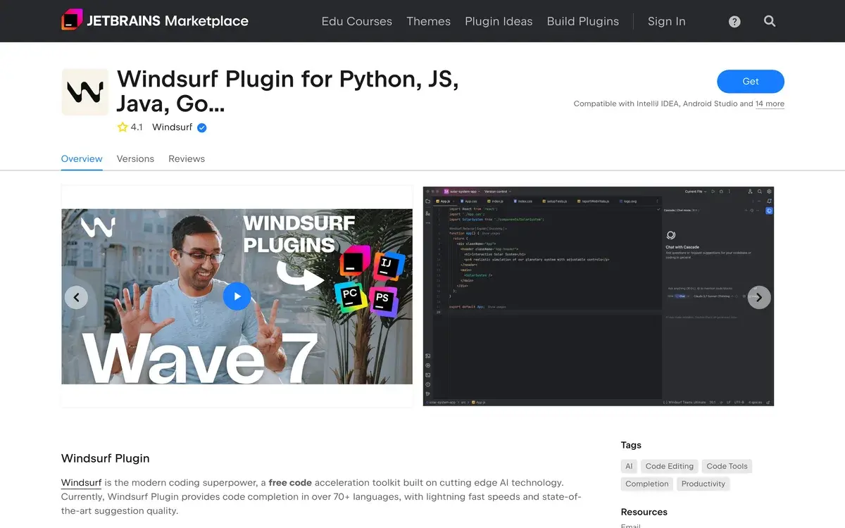The Windsurf Plugin for Python, JS, Java, Go listing on the JetBrains Marketplace in October 2026, rated 4.1 and published by Windsurf, with a Get button, a note that it works with IntelliJ IDEA, Android Studio and 14 more IDEs, and a Windsurf Plugins video thumbnail
