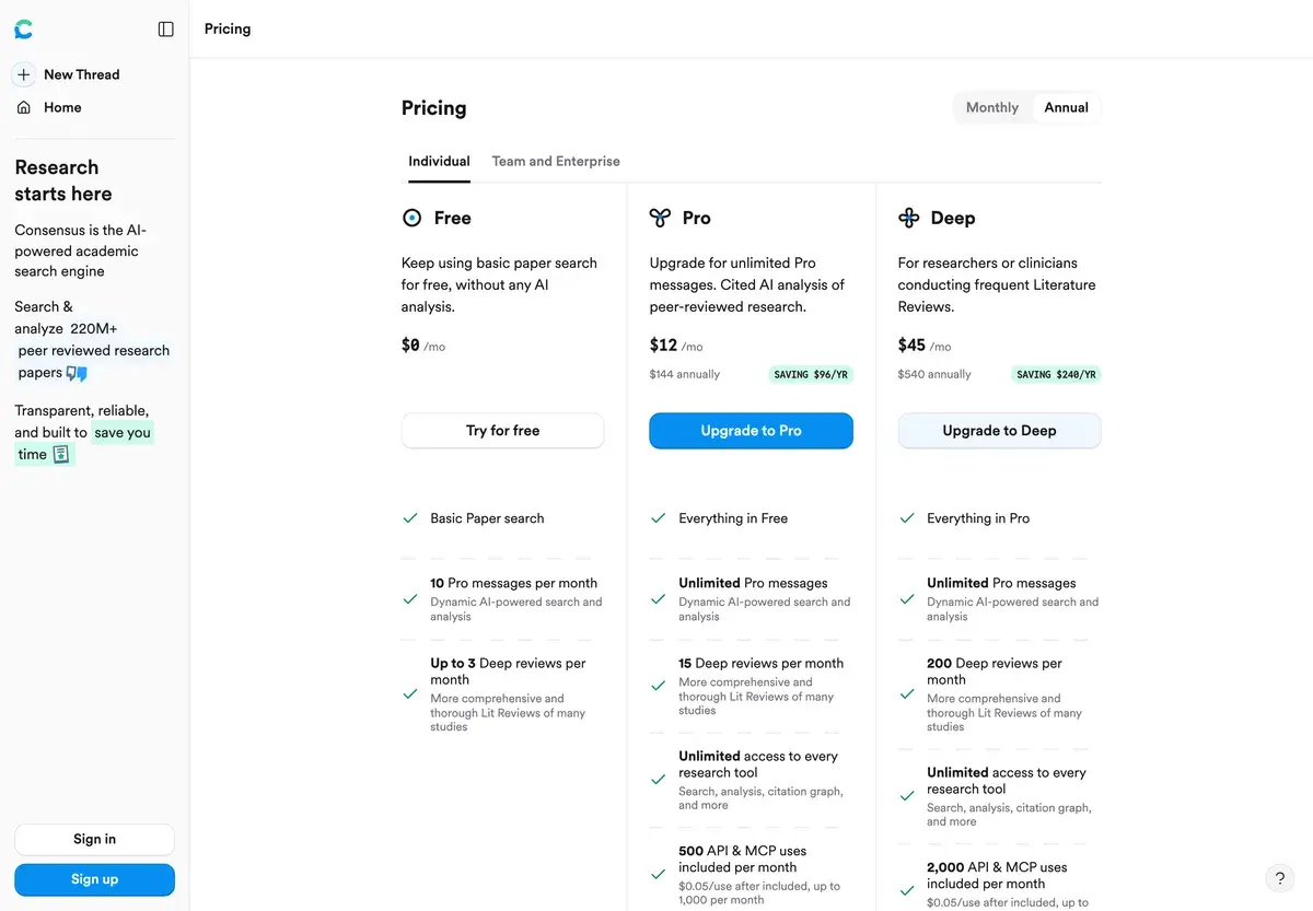 Consensus plans for individuals with annual billing selected, October 2026: Free at 0 dollars with 10 Pro messages a month, Pro at 12 dollars a month billed as 144 dollars a year, and Deep at 45 dollars a month billed as 540 dollars a year