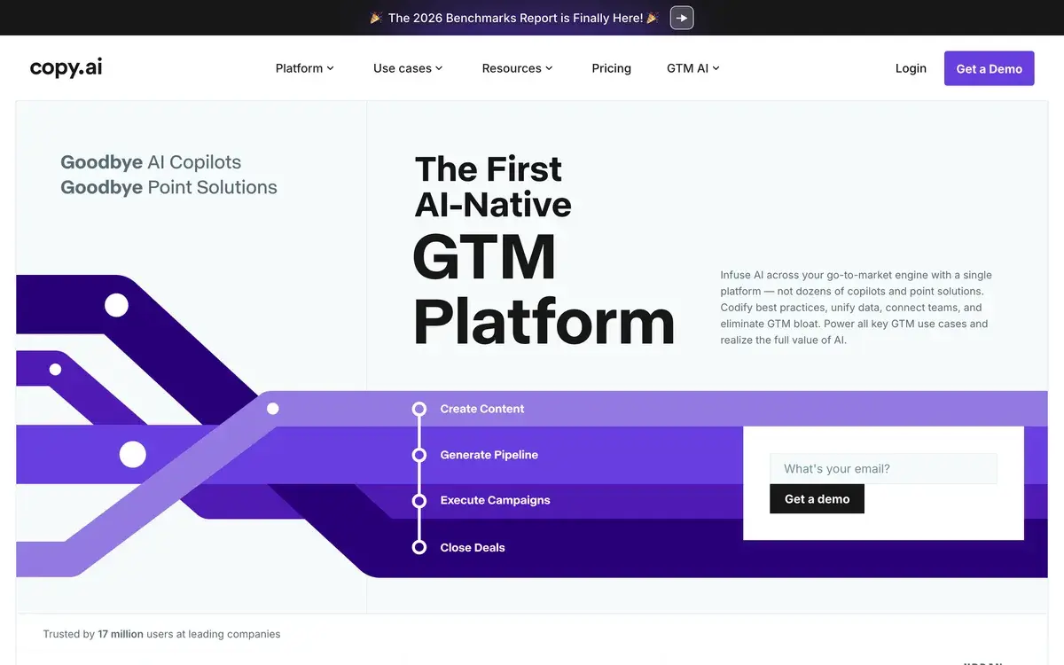 Copy.ai's homepage, October 2026: The First AI-Native GTM Platform in bold type beside the lines Goodbye AI Copilots, Goodbye Point Solutions, over purple bands labelled create content, generate pipeline, execute campaigns and close deals, with an email field for booking a demo