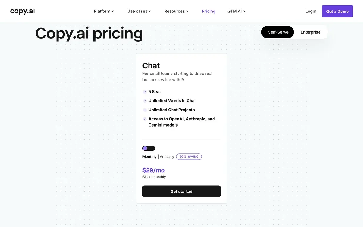 Copy.ai's Self-Serve tab in October 2026, showing the Chat plan for small teams with five seats, unlimited words in chat, unlimited chat projects and access to OpenAI, Anthropic and Gemini models, priced at 29 dollars a month billed monthly with a toggle for annual billing at a 20% saving