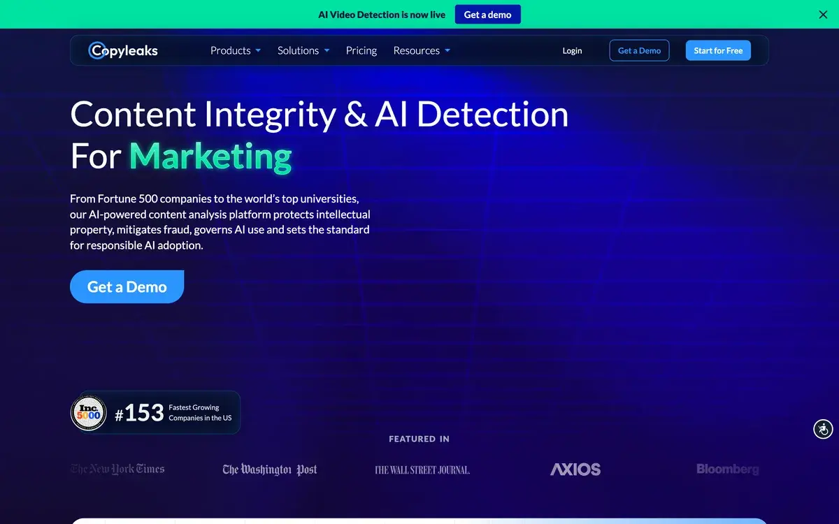 Copyleaks homepage in October 2026 with a banner announcing AI Video Detection is now live, the headline Content Integrity and AI Detection for Marketing, a Get a Demo button, an Inc. 5000 badge for number 153 fastest growing company, and press logos