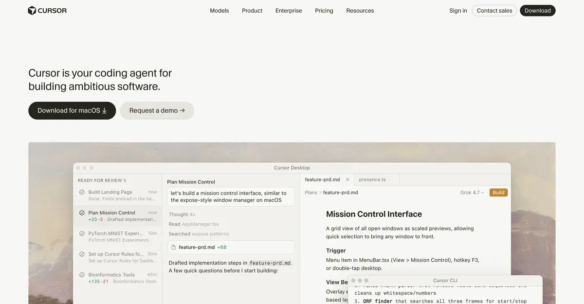 Cursor homepage in September 2026 with the headline Cursor is your coding agent for building ambitious software, Download for macOS and Request a demo buttons, and a Cursor Desktop window where an agent plans a Mission Control feature using the Grok 4.7 model