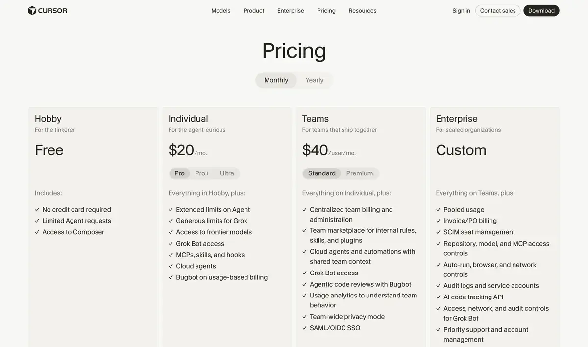 Cursor pricing page in September 2026 on monthly billing: Hobby free with no credit card and limited agent requests, Individual at $20 a month with Pro, Pro+ and Ultra options, Teams at $40 per user a month with Standard and Premium options, and Enterprise at a custom price, each with feature lists including Grok limits, cloud agents and Bugbot