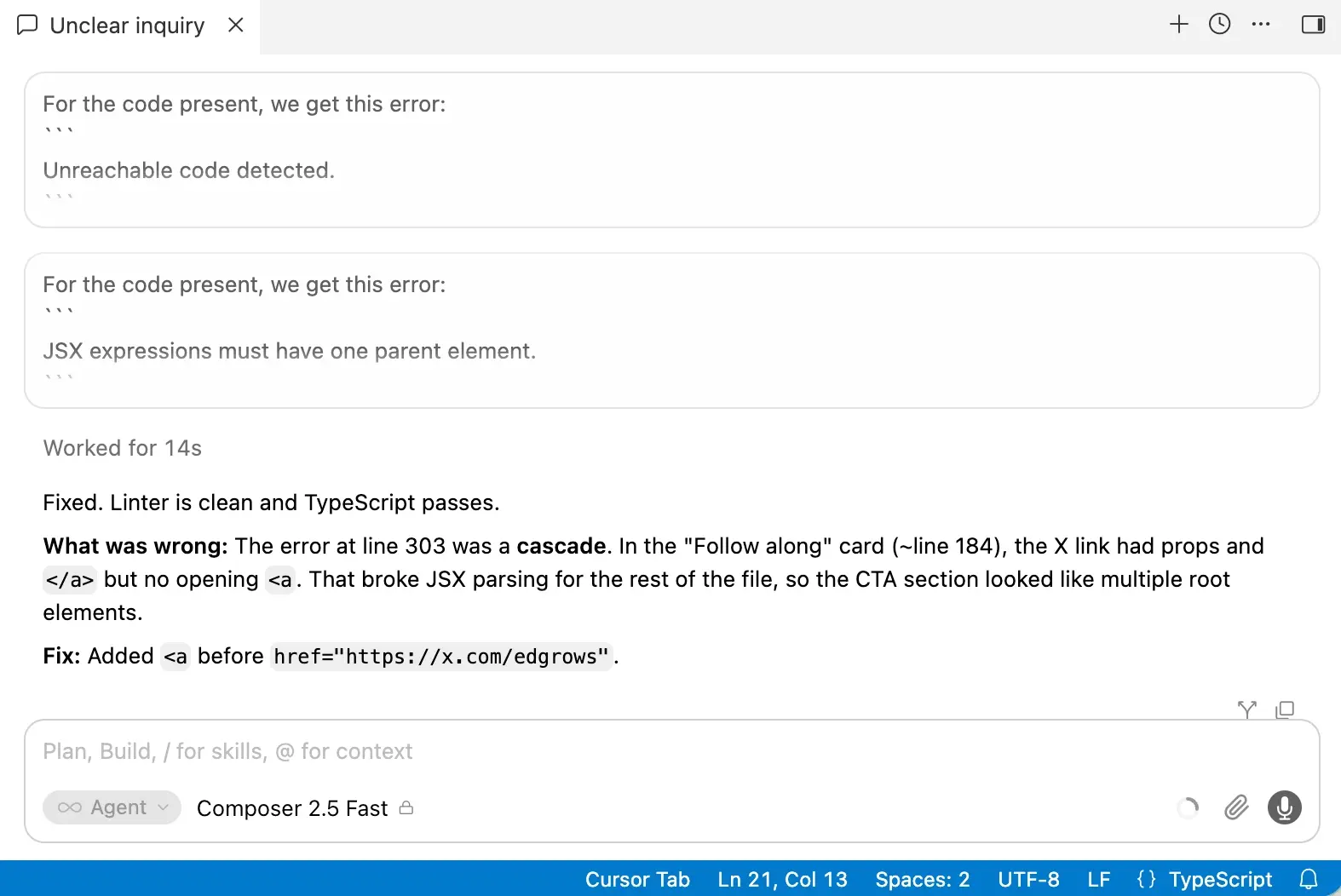 Cursor agent fixed errors interface