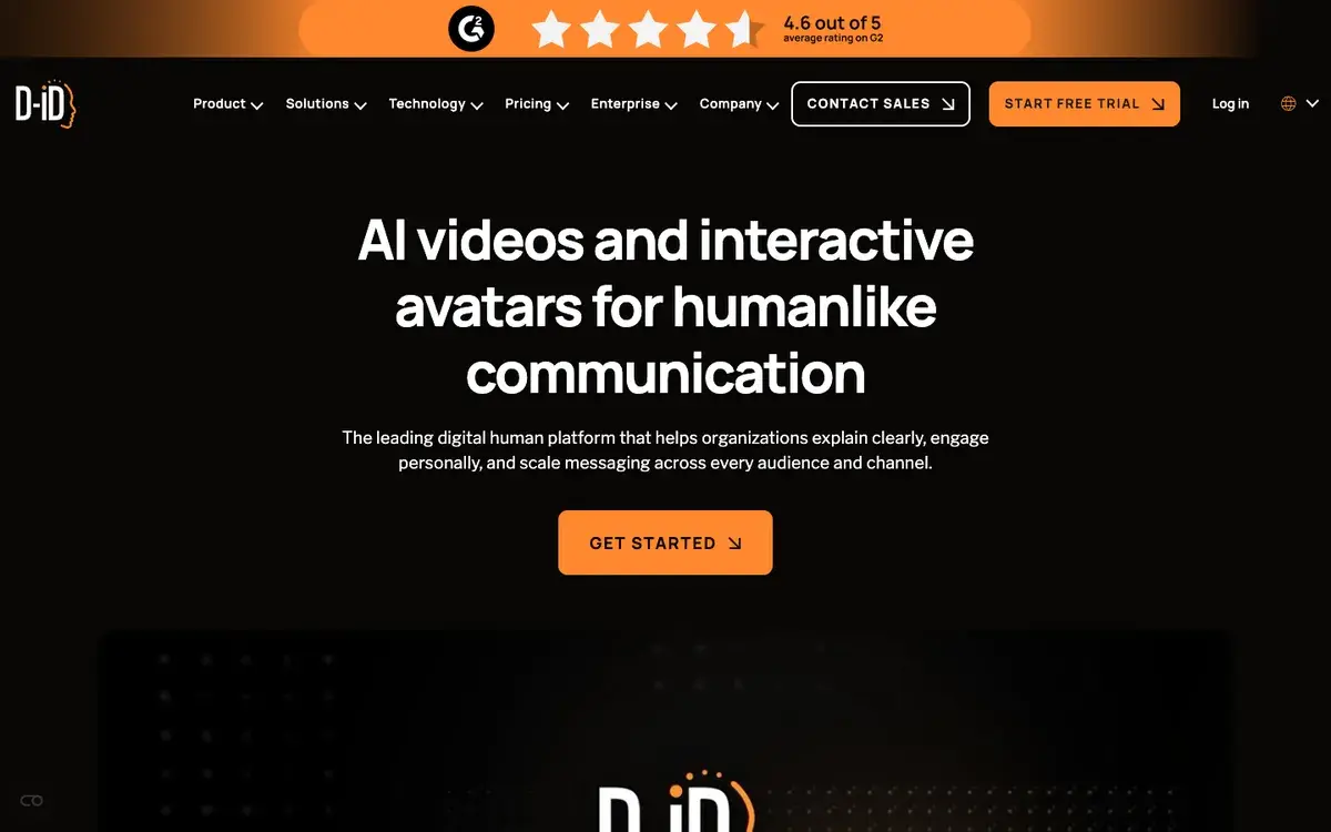 D-ID homepage in September 2026 with the headline AI videos and interactive avatars for humanlike communication, a Get Started button and a G2 rating banner of 4.6 out of 5