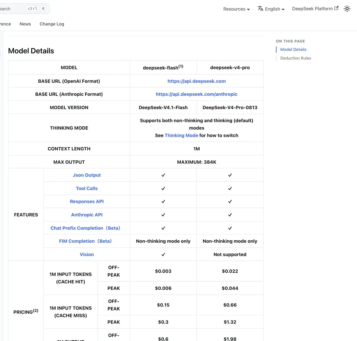 DeepSeek API docs Models and Pricing page in October 2026 with a table comparing deepseek-flash, running DeepSeek-V4.1-Flash, and deepseek-v4-pro: OpenAI and Anthropic format base URLs, thinking and non-thinking modes, 1M context, 384K maximum output, JSON output, tool calls, vision supported on Flash only, and peak and off-peak prices per million tokens