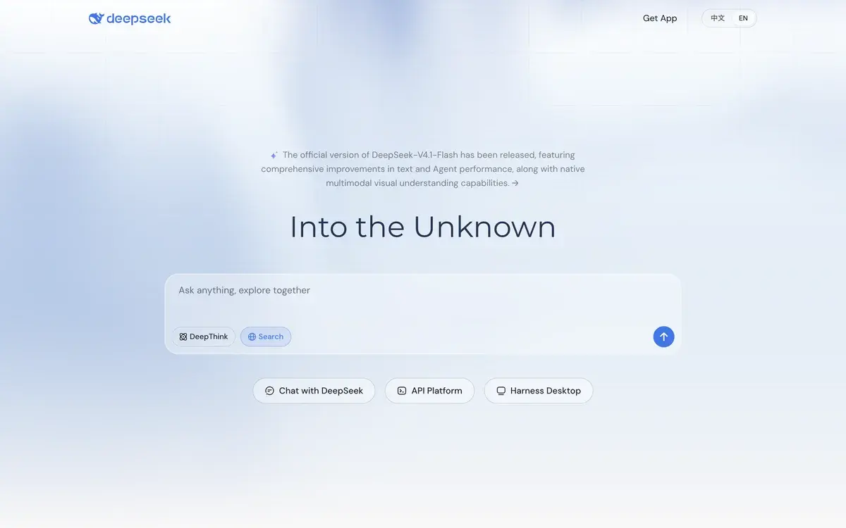 DeepSeek homepage in October 2026 announcing the official release of DeepSeek-V4.1-Flash with improved text and agent performance and native multimodal visual understanding, the headline Into the Unknown, an Ask anything box with DeepThink and Search toggles, and buttons for Chat with DeepSeek, API Platform and Harness Desktop
