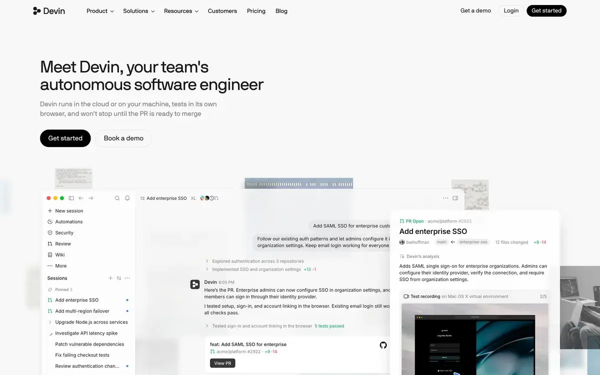 Devin's homepage in October 2026 with the headline Meet Devin, your team's autonomous software engineer, Get started and Book a demo buttons, and a demo of a session in which Devin adds enterprise SSO, tests the sign-in in a browser and opens a pull request