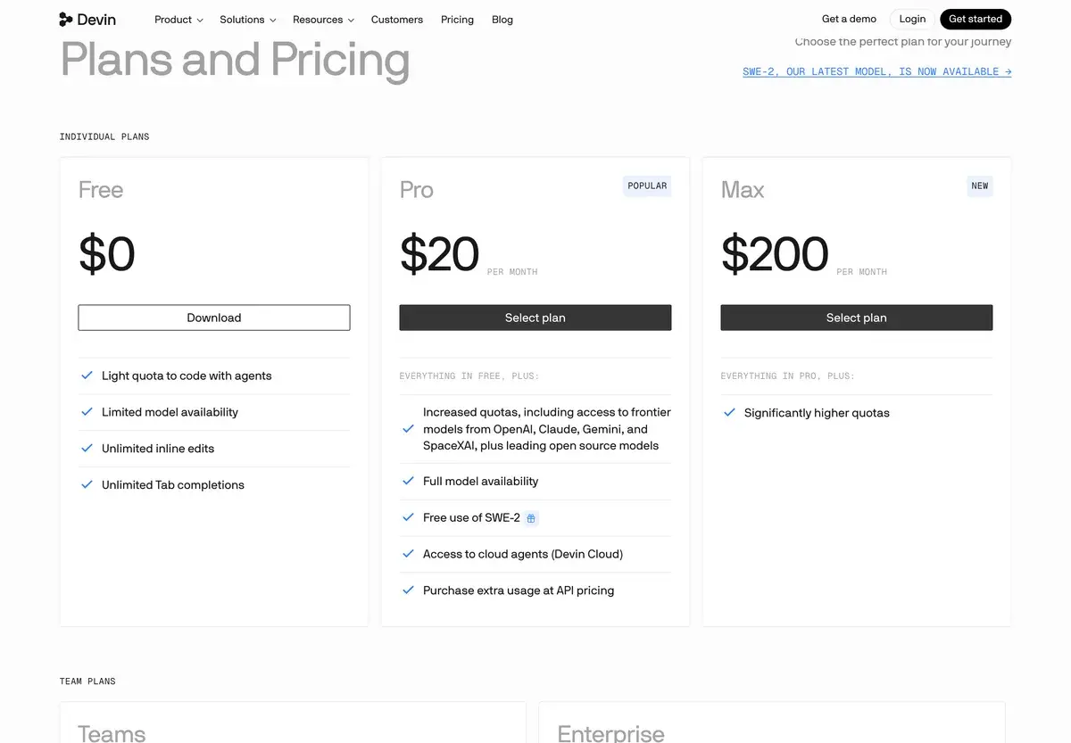 The individual plans on Devin's Plans and Pricing page, October 2026: Free at 0 dollars with a light agent quota and unlimited Tab completions, Pro at 20 dollars a month with frontier models, free SWE-2 and access to Devin Cloud, and Max at 200 dollars a month with significantly higher quotas