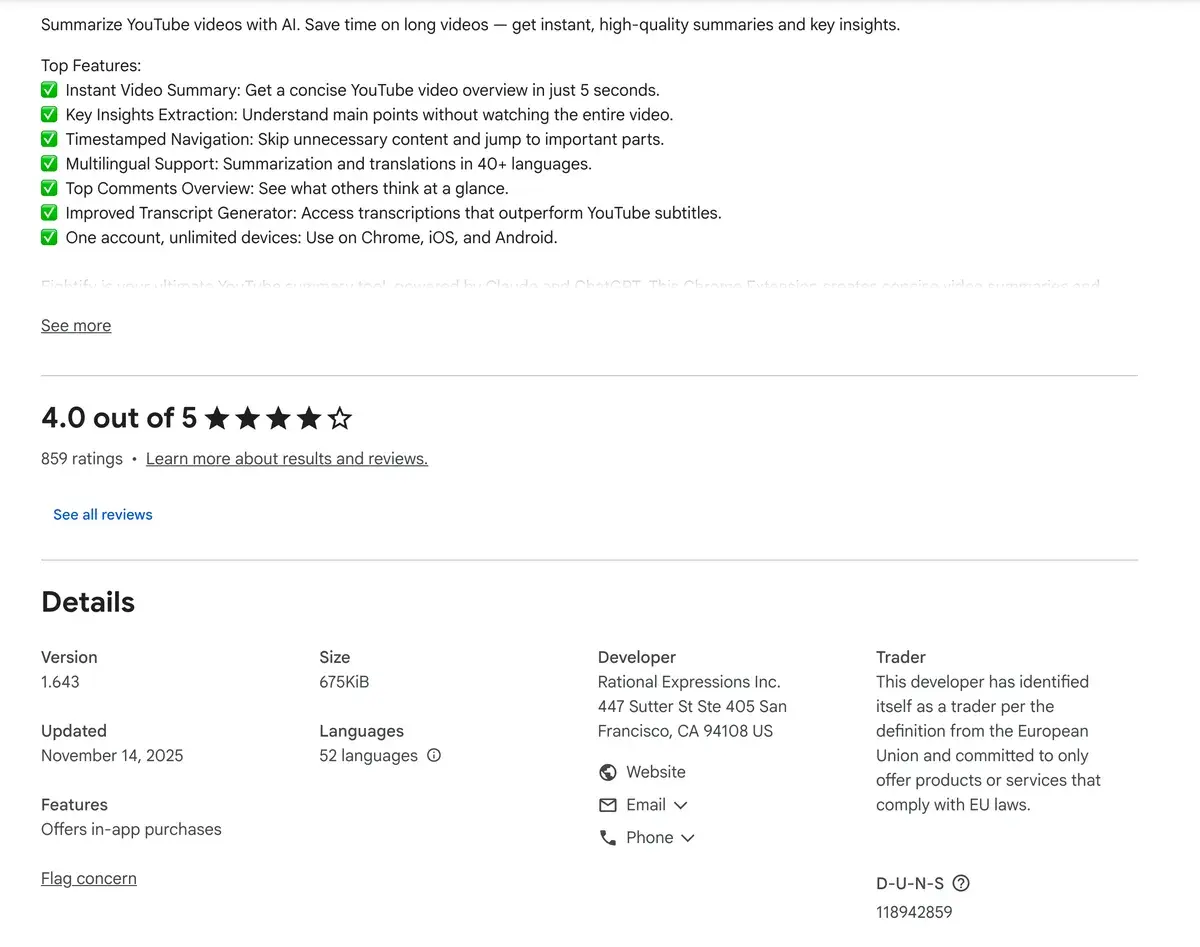 Chrome Web Store listing for Eightify in September 2026 showing its top features, a 4.0 out of 5 rating from 859 ratings, and details including version 1.643, last updated November 14, 2025, 52 languages, and a note that the extension offers in-app purchases