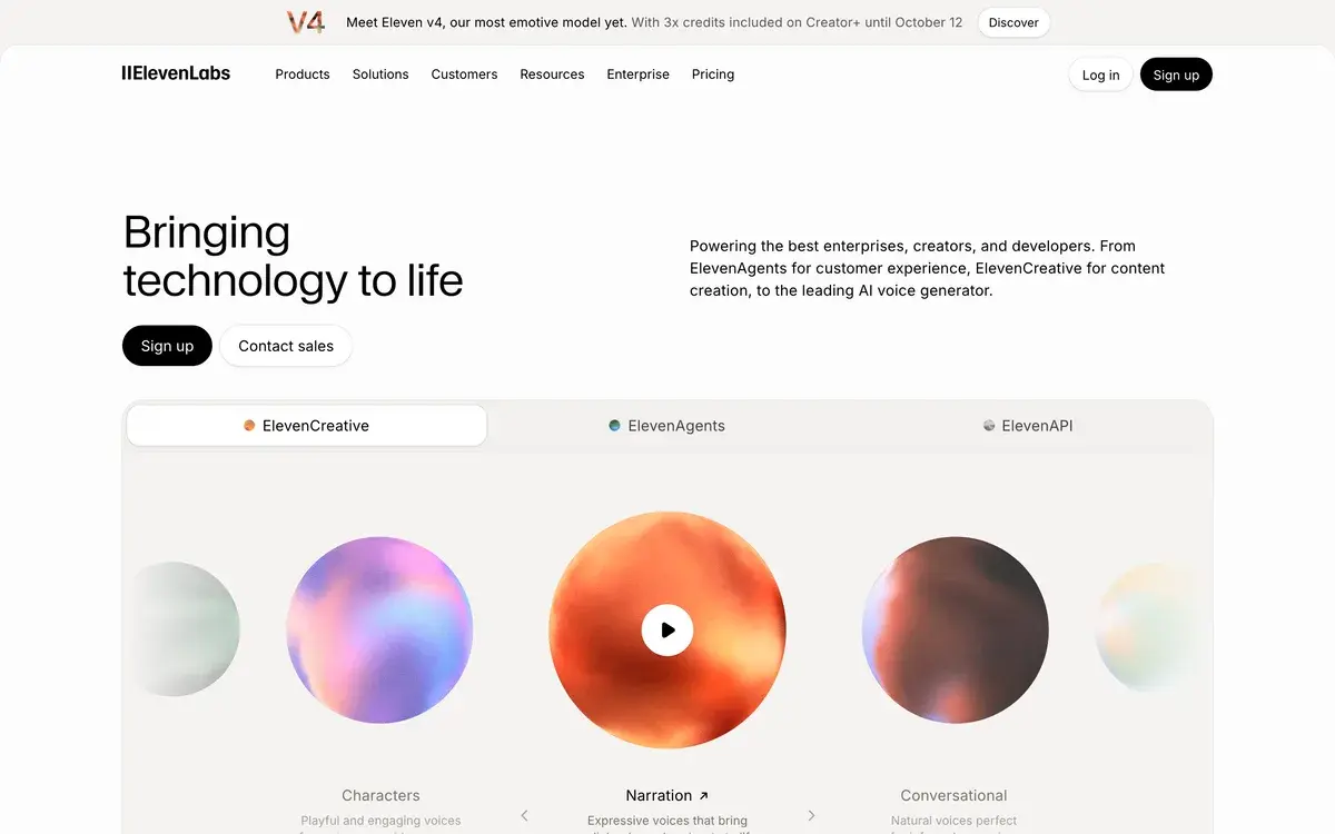 ElevenLabs homepage in September 2026 with a banner announcing Eleven v4 with 3x credits included on Creator and above until October 12, the headline Bringing technology to life, a line about ElevenAgents for customer experience and ElevenCreative for content creation, and a voice showcase with tabs for ElevenCreative, ElevenAgents and ElevenAPI