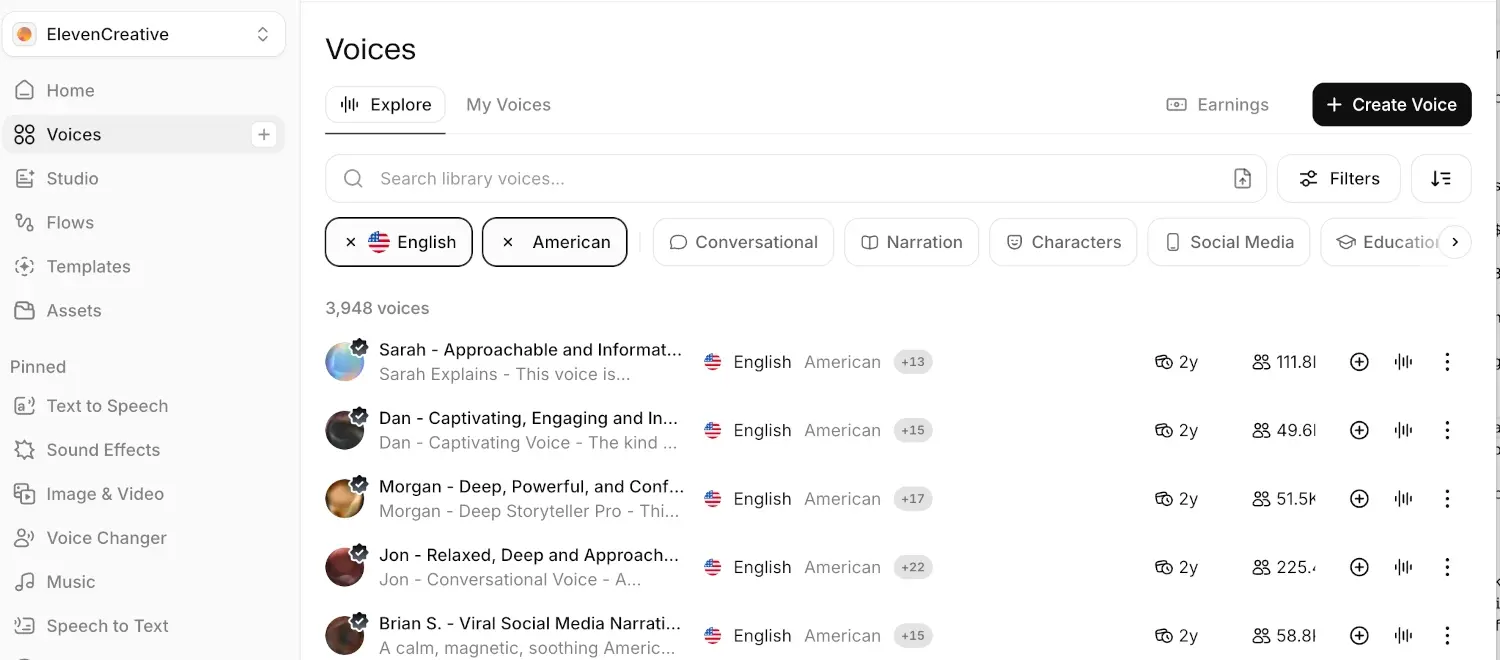 ElevenLabs voice library in the ElevenCreative app listing thousands of English and American voices with filters for conversational, narration, characters and social media use