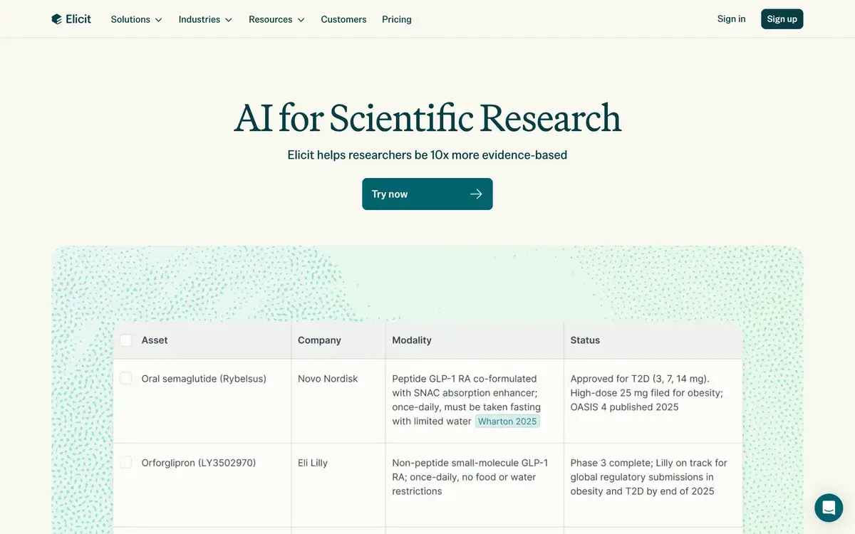 Elicit's homepage in October 2026: the headline AI for Scientific Research, the line Elicit helps researchers be 10x more evidence-based, a Try now button, and a sample extraction table comparing drug assets such as oral semaglutide and orforglipron by company, modality and status