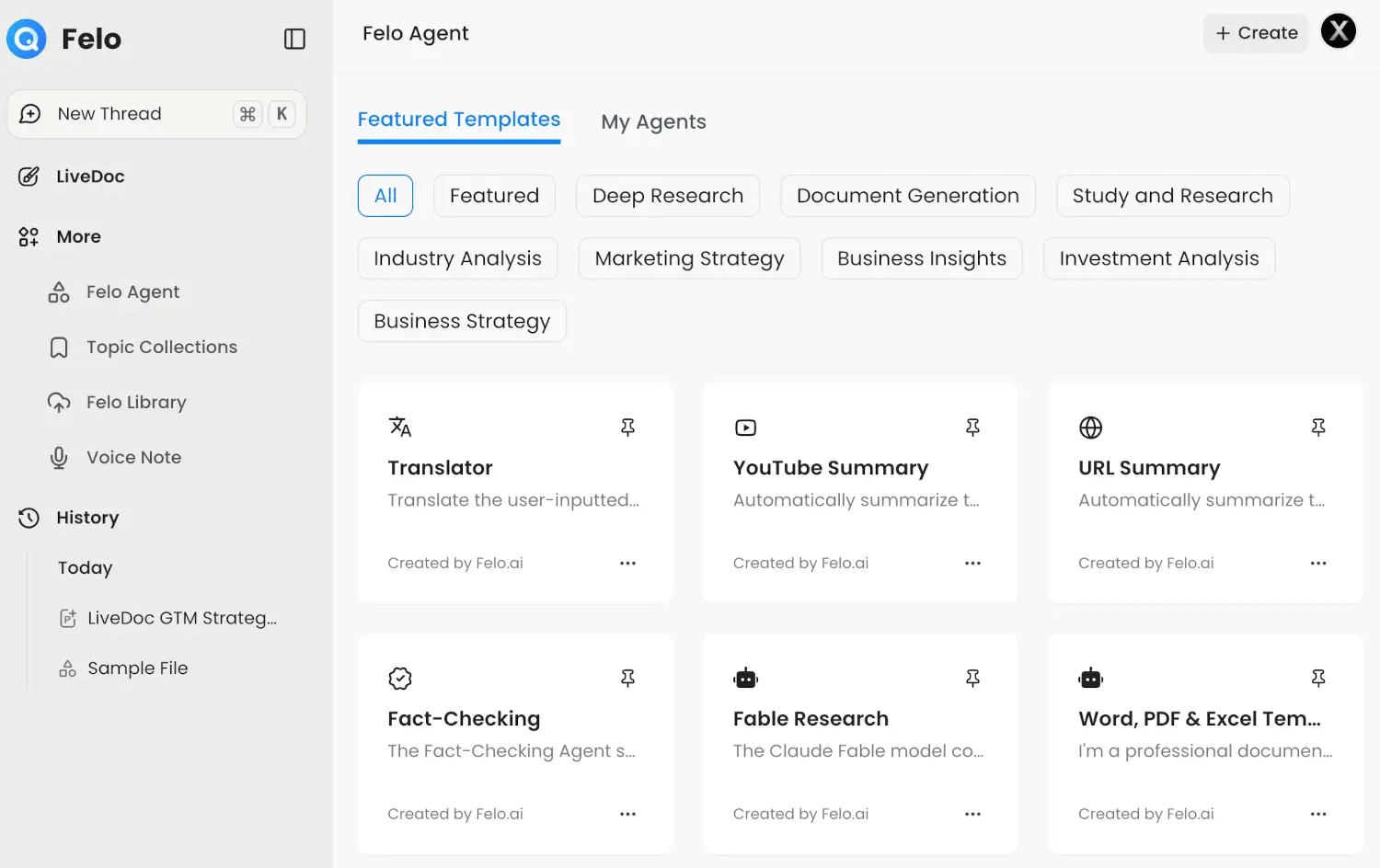 Felo Agent template library showing Translator, YouTube Summary, URL Summary, Fact-Checking, and Fable Research agents