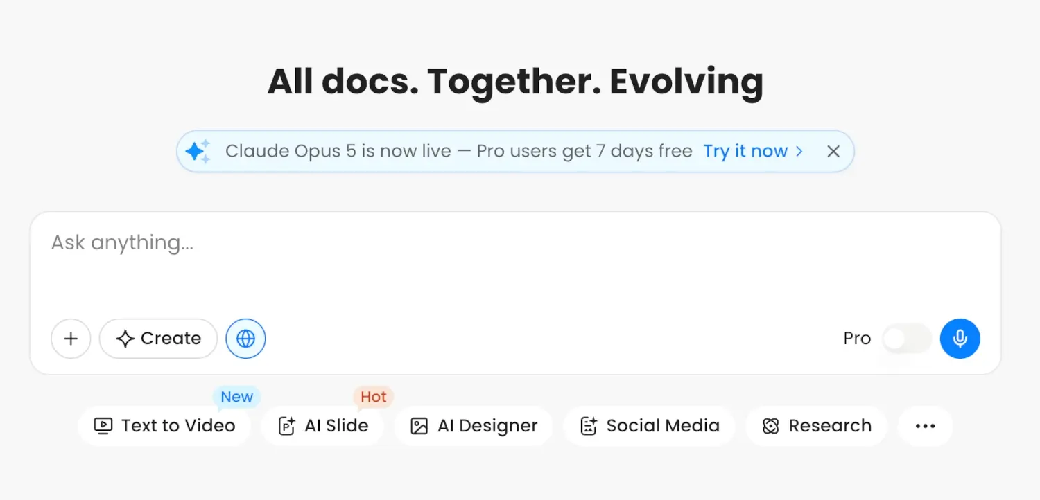 Felo AI home screen showing the Ask Anything search bar with Text to Video, AI Slide, AI Designer, Social Media, and Research agent shortcuts