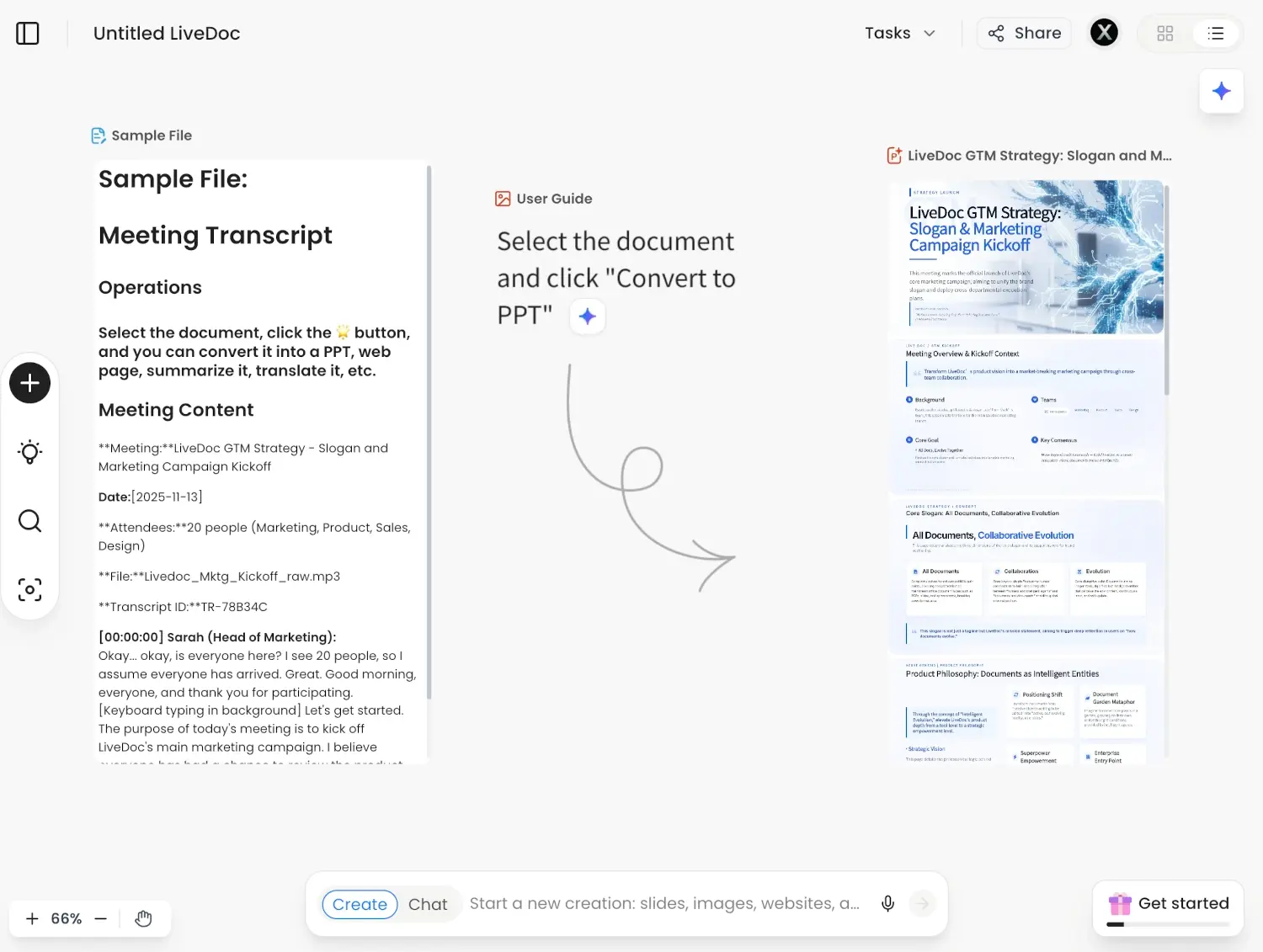 Felo LiveDoc converting a meeting transcript into a formatted GTM strategy presentation
