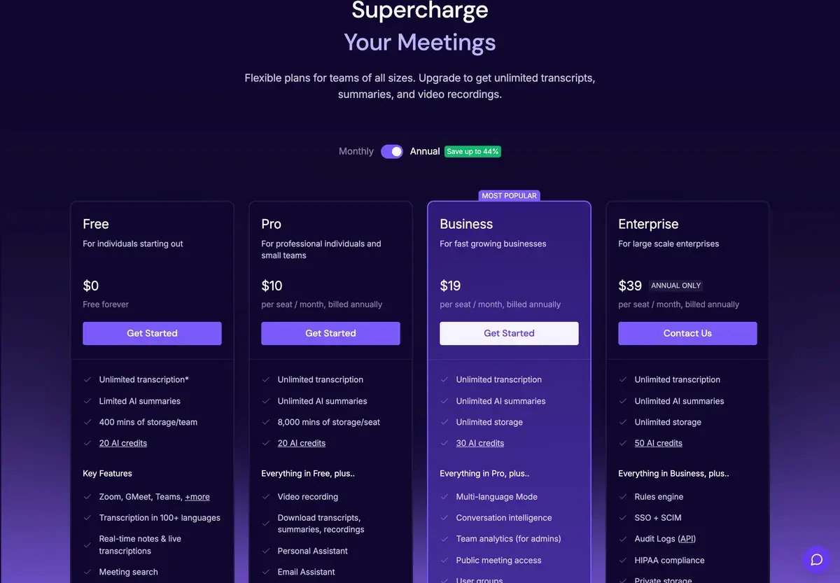 Fireflies plans in October 2026 under the heading Supercharge Your Meetings, with annual billing selected: Free at 0 dollars, Pro at 10 dollars per seat a month, Business at 19 dollars, marked most popular, and Enterprise at 39 dollars, annual only, each listing storage and AI credits
