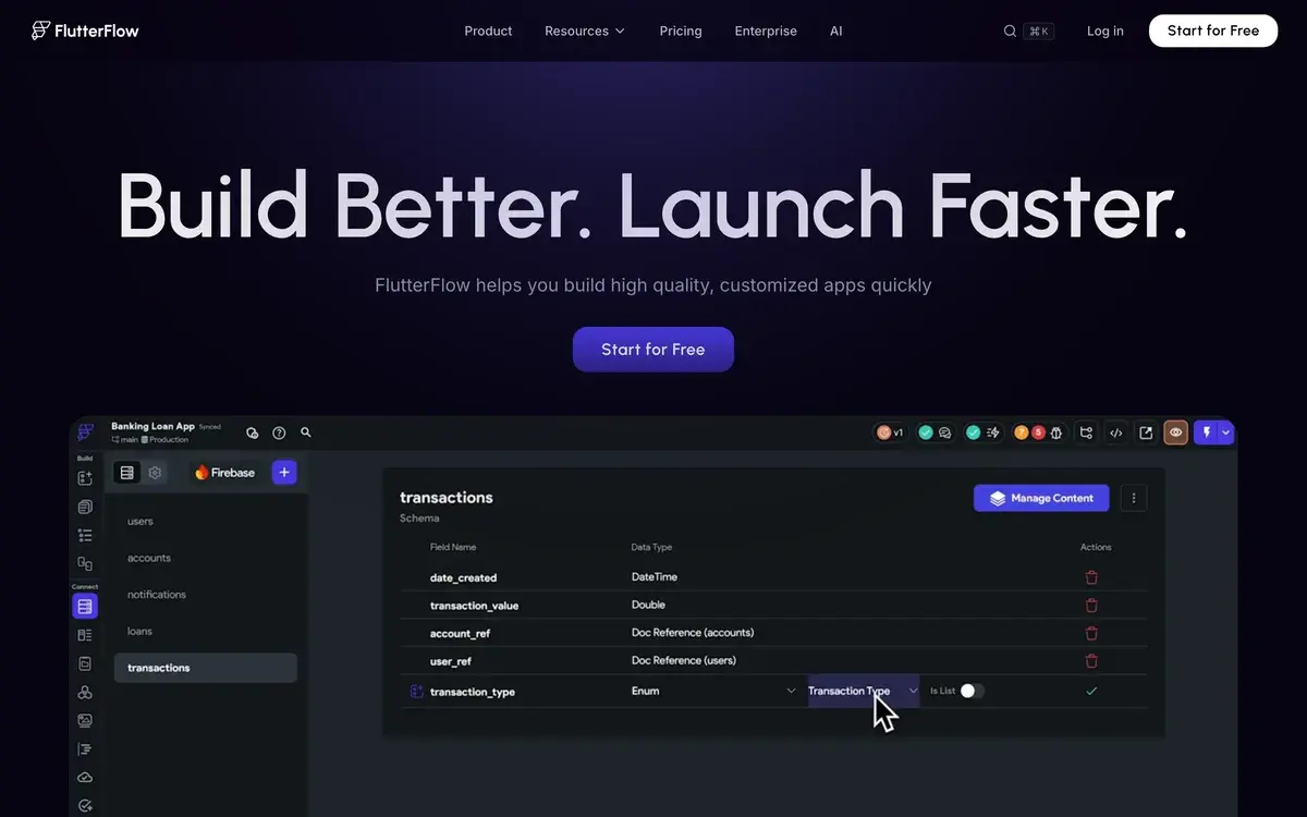 Build Better. Launch Faster. in large letters on FlutterFlow's dark homepage in October 2026, above a Start for Free button and the editor showing the Firestore schema of a Banking Loan App, with fields such as transaction_value and account_ref