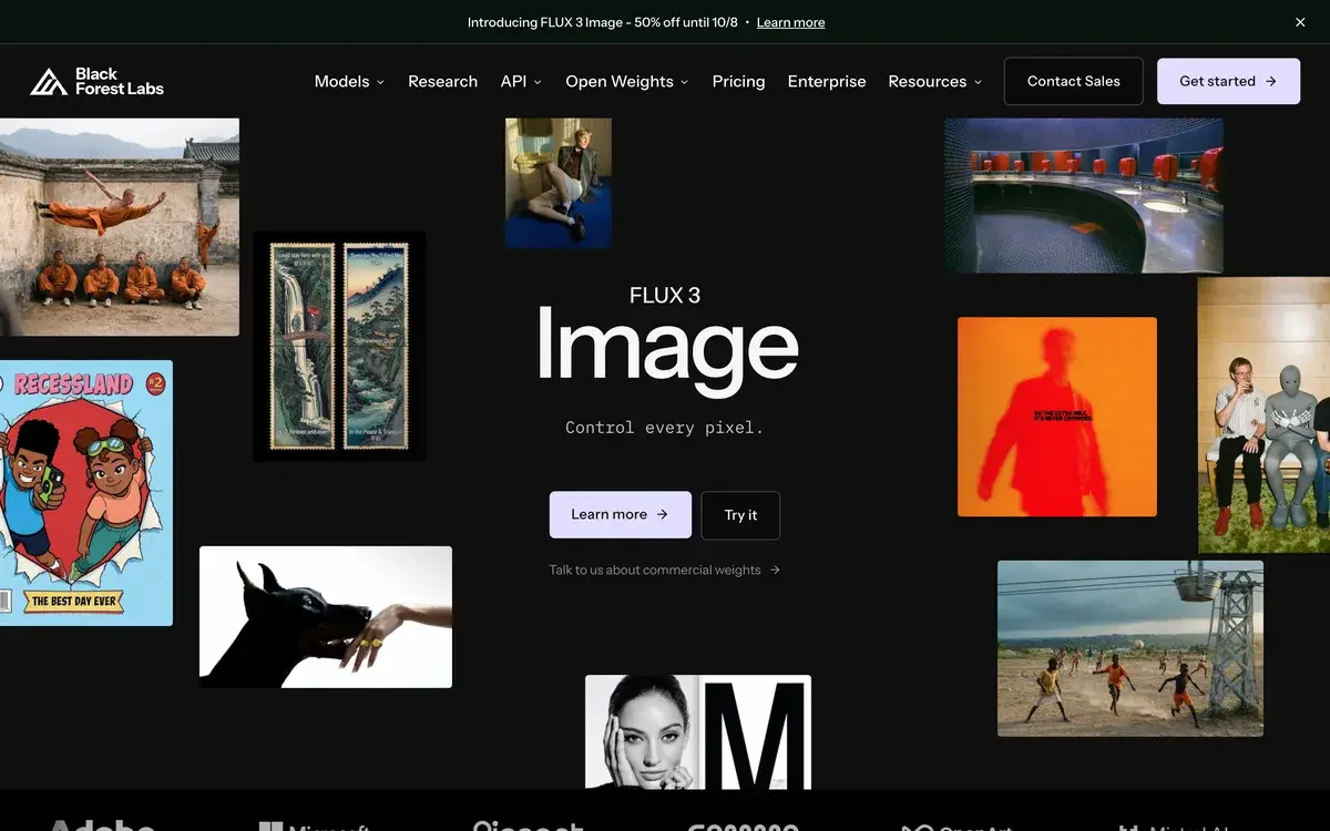 Black Forest Labs homepage in October 2026 with a banner announcing FLUX 3 Image at 50% off until October 8, the headline FLUX 3 Image with the line Control every pixel, Learn more and Try it buttons, and a collage of generated images including a poster, a dog, a red figure and a cable car