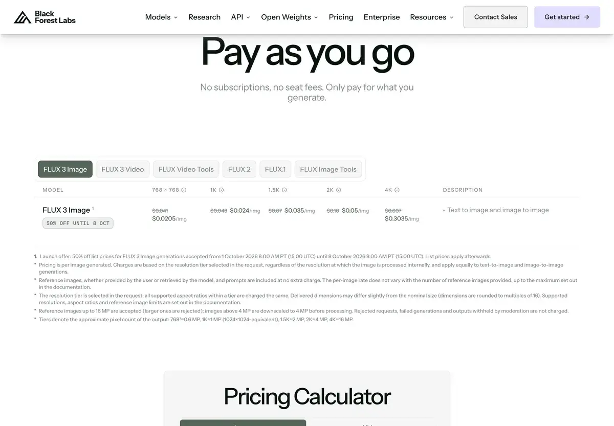 Black Forest Labs' pay-as-you-go price list in October 2026 with the heading Pay as you go, with the line No subscriptions, no seat fees, tabs for FLUX 3 Image, FLUX 3 Video, FLUX Video Tools, FLUX.2, FLUX.1 and FLUX Image Tools, and a table of FLUX 3 Image prices per resolution tier with a 50% off until October 8 label and crossed-out list prices