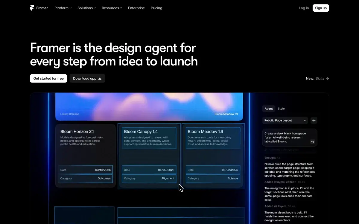Framer's homepage, October 2026: white headline on black reading Framer is the design agent for every step from idea to launch, with Get started for free and Download app buttons above a demo where an agent panel rebuilds a page layout for a research lab