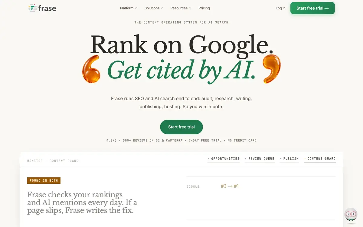 Frase's homepage as of October 2026. Headline: Rank on Google. Get cited by AI. Below it, a line saying Frase runs SEO and AI search end to end from audit to hosting, a Start free trial button, a strip reading 4.8 out of 5 from 500 plus reviews on G2 and Capterra with a 7-day trial and no credit card, and a Content Guard panel showing a page moving from third to first on Google